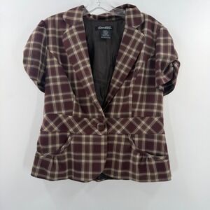 Stooshy Womens Plaid Y2K Short Sleeve Blazer Burgundy Brown Metallic Gold Large